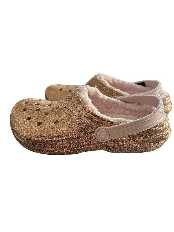 Crocs Girls Size C7 Classic Glitter Slip On Fleece Lined Clog Gold/Pink 205937