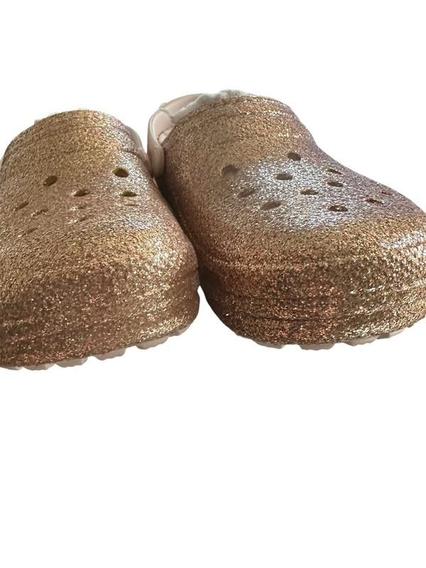 Crocs Girls Size C7 Classic Glitter Slip On Fleece Lined Clog Gold/Pink 205937