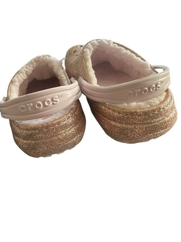 Crocs Girls Size C7 Classic Glitter Slip On Fleece Lined Clog Gold/Pink 205937