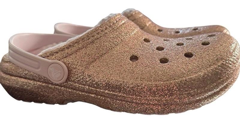 Crocs Girls Size C7 Classic Glitter Slip On Fleece Lined Clog Gold/Pink 205937