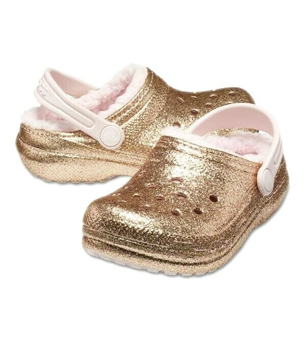 Crocs Girls Size C7 Classic Glitter Slip On Fleece Lined Clog Gold/Pink 205937