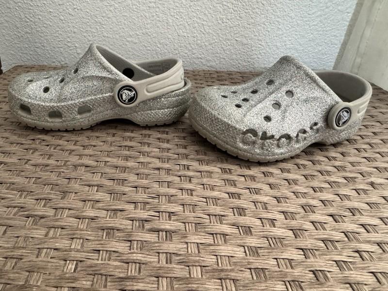 Crocs Kids 8C Classic Glitter Clogs Silver Toddler Slip On Water Shoe