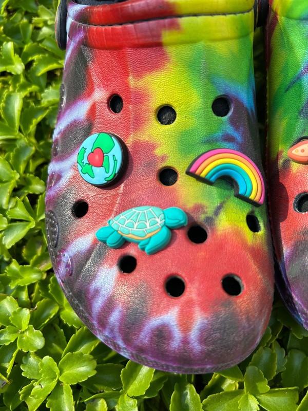 CROCS Purple Lined EUC Shoes Rainbow Turtle Butterfly Buttons Size J-3