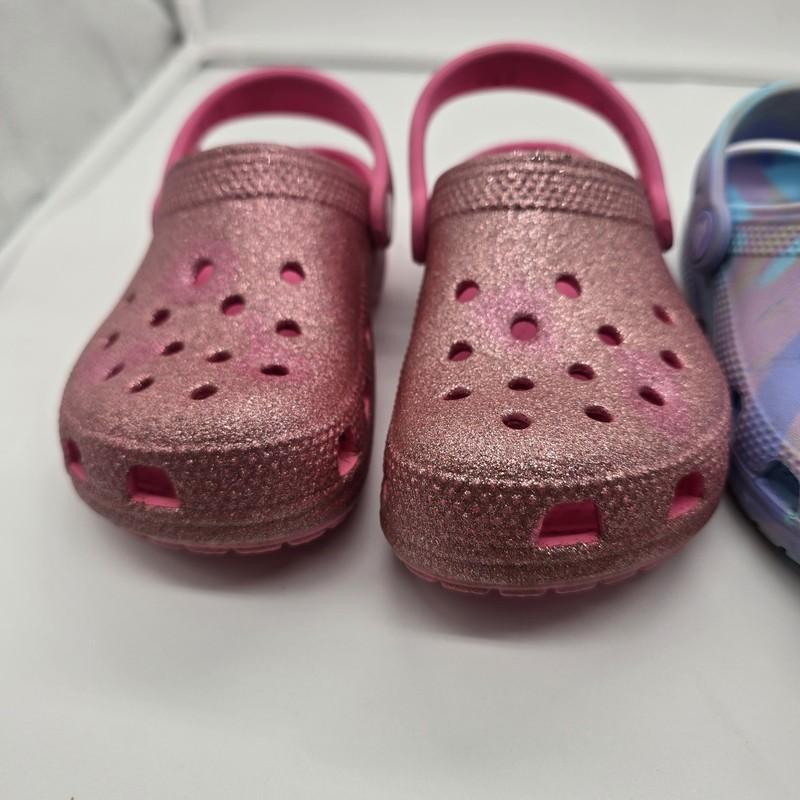 Crocs Toddler Girls Size 11 Girls Glitter Pink Blue Sandals Lot Of 2