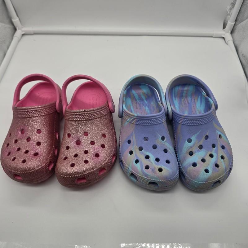 Crocs Toddler Girls Size 11 Girls Glitter Pink Blue Sandals Lot Of 2