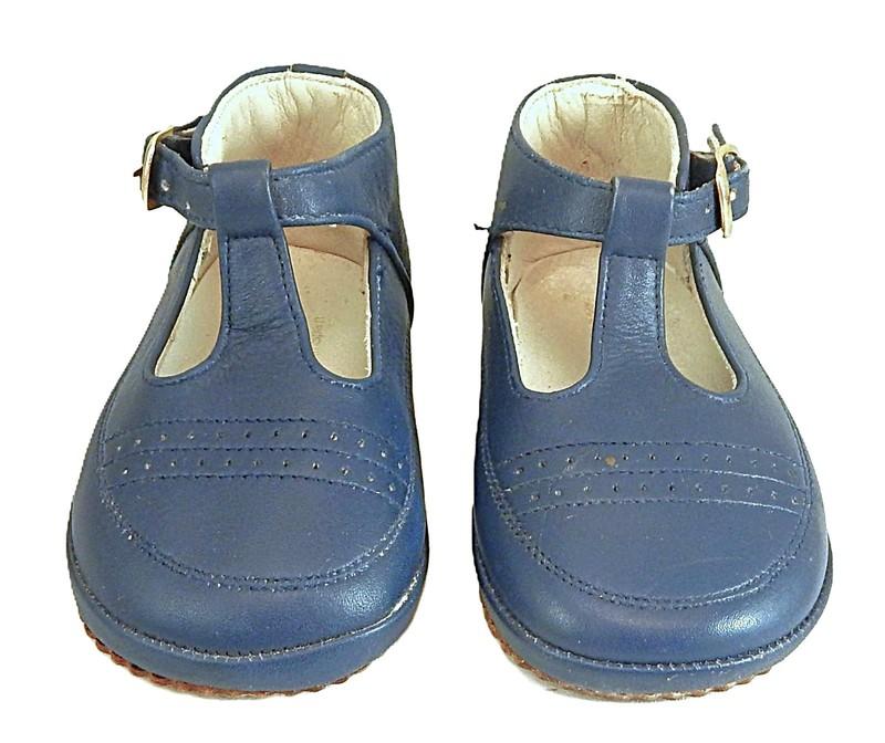 DE OSU -Spain - Vintage Baby Navy Leather T-Strap Dress Shoes -European 18 -Sz 3
