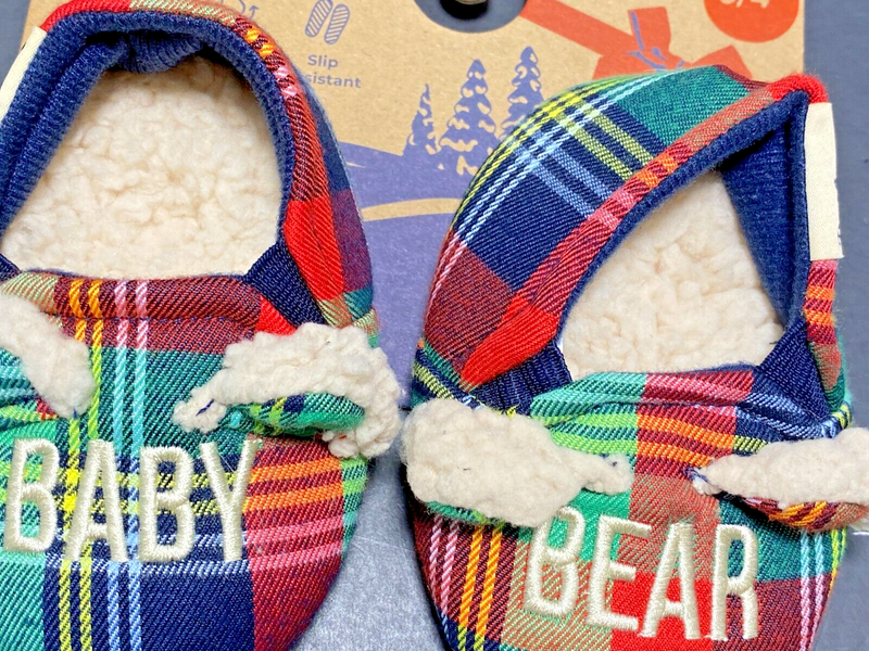 DearFoam Baby Bear Slippers Plaid Sherpa Memory Foam Cozy Comfort Infant 3 4 NEW
