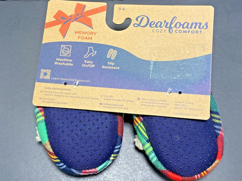 DearFoam Baby Bear Slippers Plaid Sherpa Memory Foam Cozy Comfort Infant 3 4 NEW