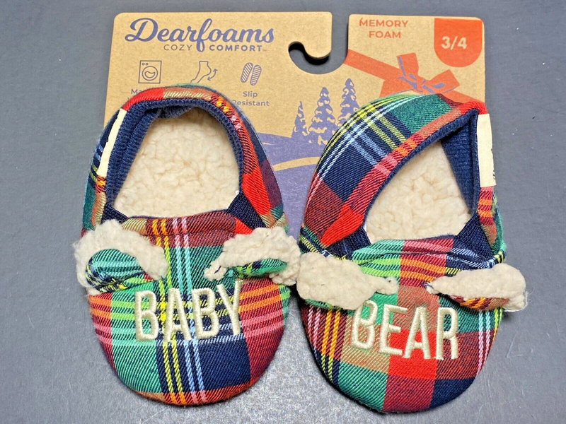 DearFoam Baby Bear Slippers Plaid Sherpa Memory Foam Cozy Comfort Infant 3 4 NEW