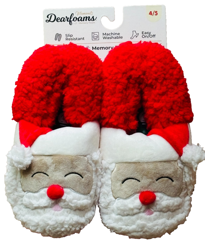 Dearfoams Comfy Furry Santa Slippers Women's Kids Size 4/5 Red & White Christmas