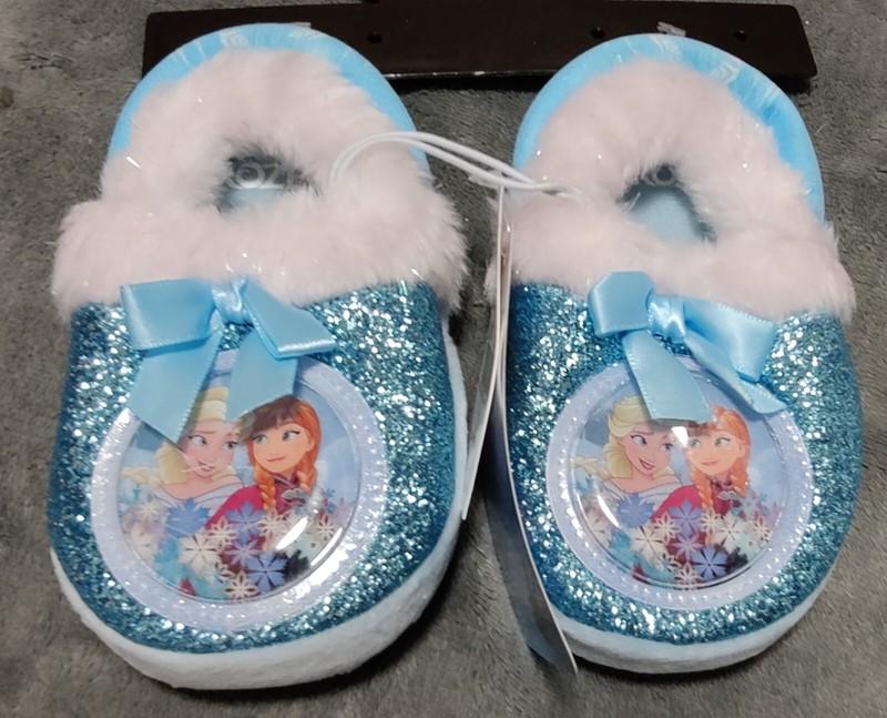 Disney Frozen Slide Slippers Anna & Elsa Glitter & Bowtie Girls Toddler Size 5-6