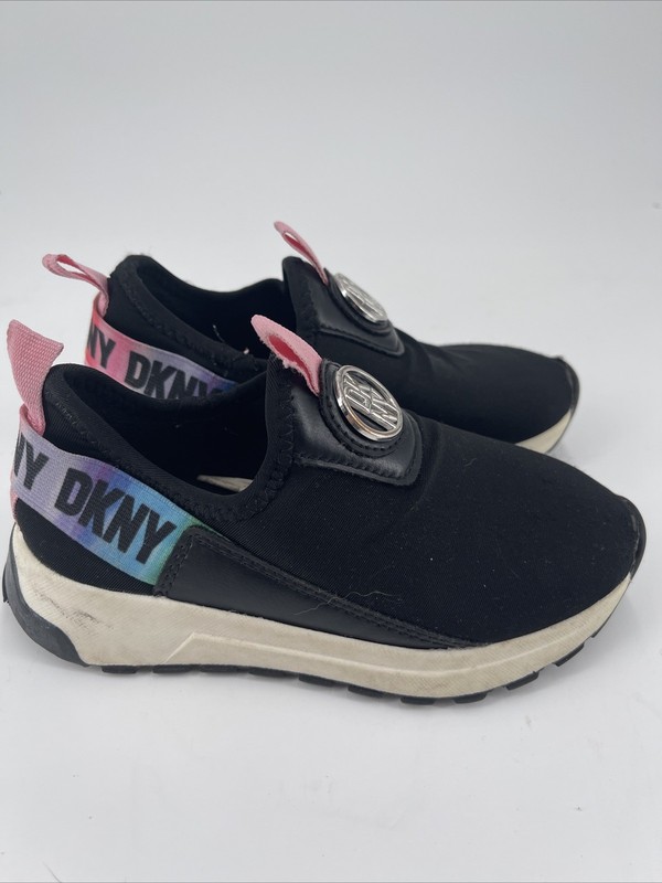 DKNY Logo Taylor Rainbow Black Slip On Memory Foam Sneakers Girls Size 11