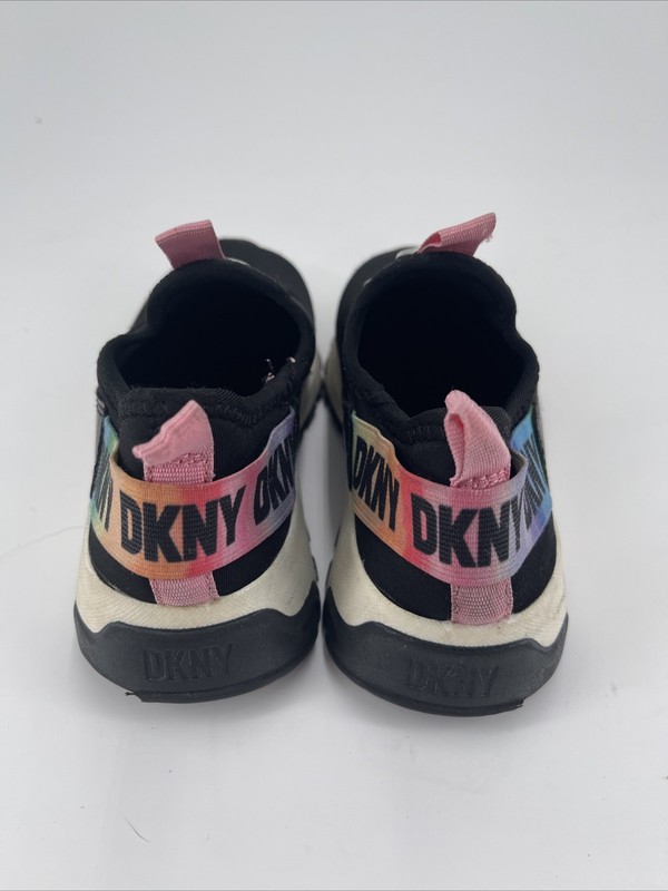DKNY Logo Taylor Rainbow Black Slip On Memory Foam Sneakers Girls Size 11