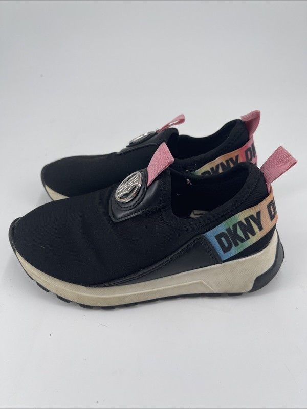 DKNY Logo Taylor Rainbow Black Slip On Memory Foam Sneakers Girls Size 11