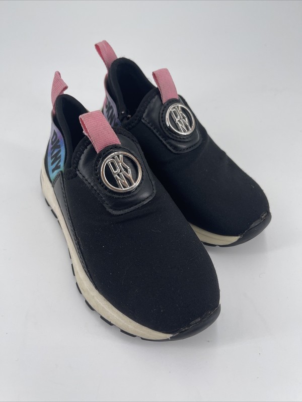 DKNY Logo Taylor Rainbow Black Slip On Memory Foam Sneakers Girls Size 11