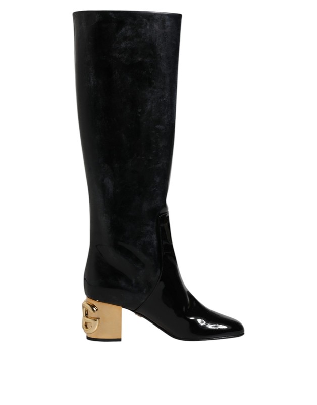 Dolce & Gabbana Black Patent Leather Vally High Boots Women's Shoes Authentic