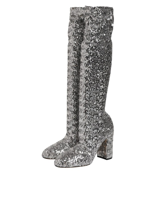 Dolce & Gabbana Silver Sequins Glitter High Heel Boot Women's Shoes Authentic