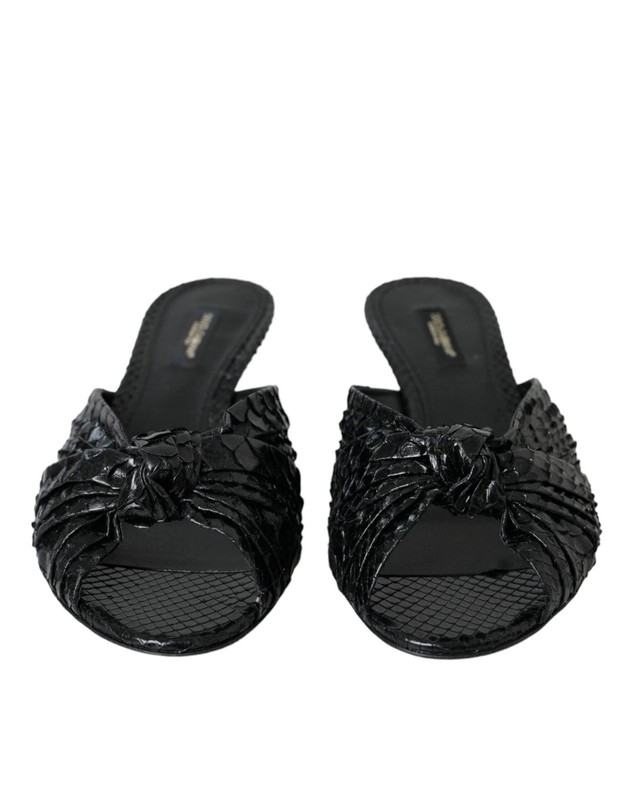 Dolce&Gabbana Women Black Slide Shoes 100% Leather Python Skin Low Heel Sandals