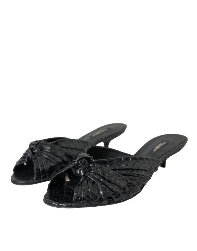 Dolce&Gabbana Women Black Slide Shoes 100% Leather Python Skin Low Heel Sandals