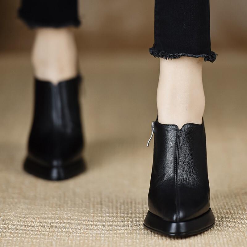 Elegant Women Lady Ankle Boots Pointed Toe Chunky Block Heel Side Zipper Booties