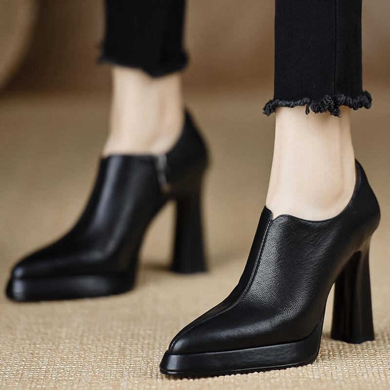 Elegant Women Lady Ankle Boots Pointed Toe Chunky Block Heel Side Zipper Booties