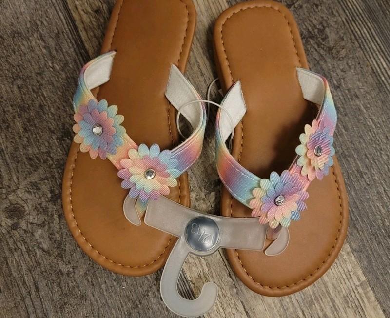 Elli Girls Sz 12/13 Pink Blue Flower Strap Flip Flop Sandals Shoes NWT