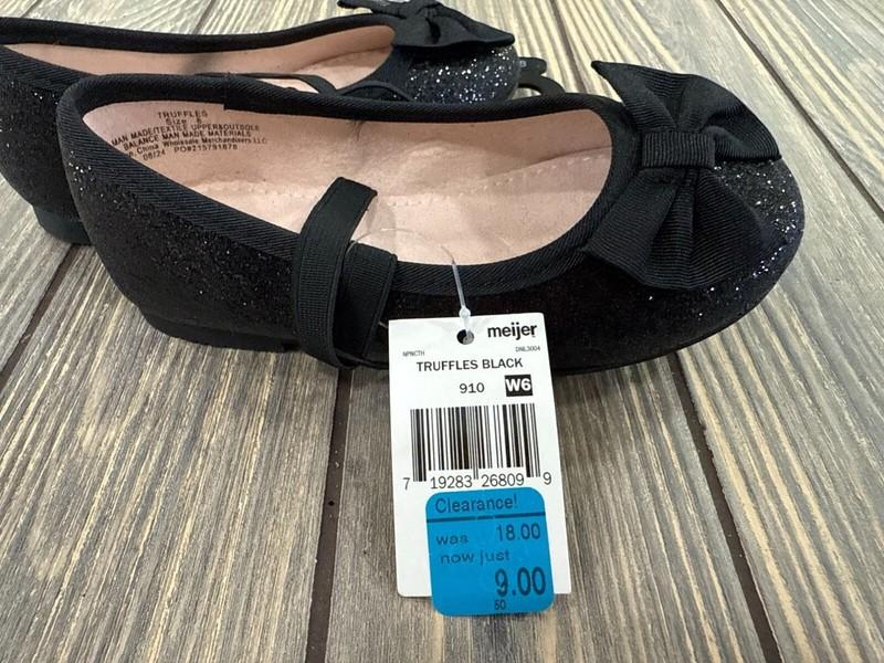 Falls Creek Kids Girls Black Glitter Ballet Flats W/ Bow Size 8