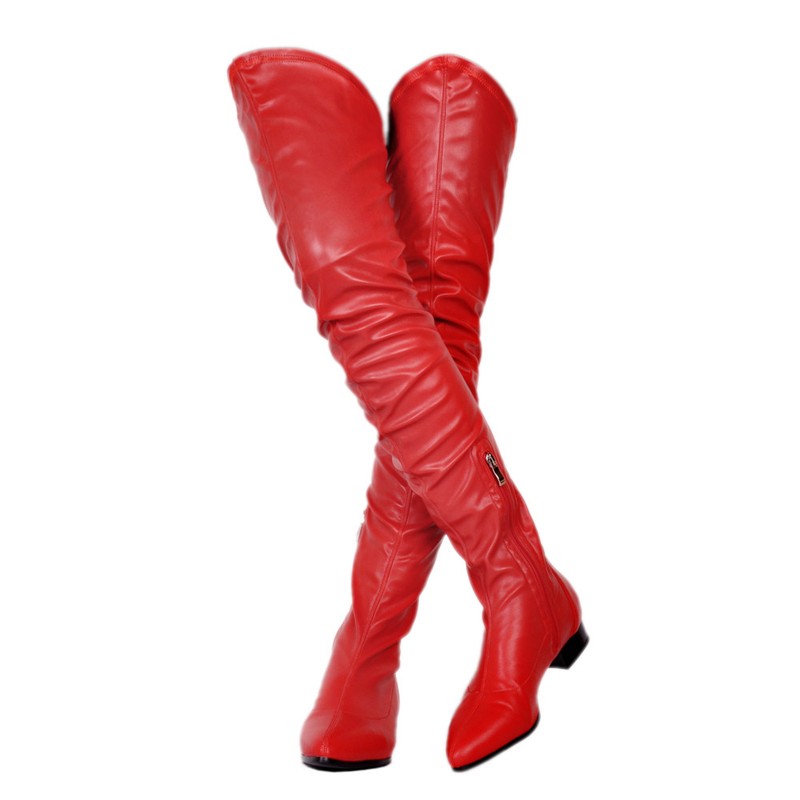 Fashion Women Boots Thigh High Boots Low Chunky Heels Faux Leather Ladies Shoes