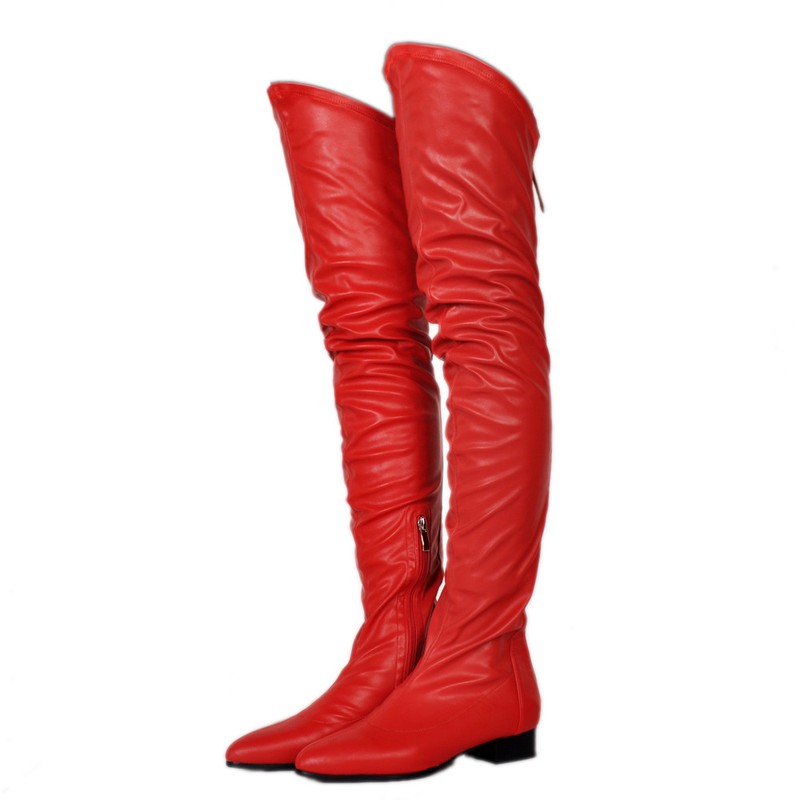 Fashion Women Boots Thigh High Boots Low Chunky Heels Faux Leather Ladies Shoes