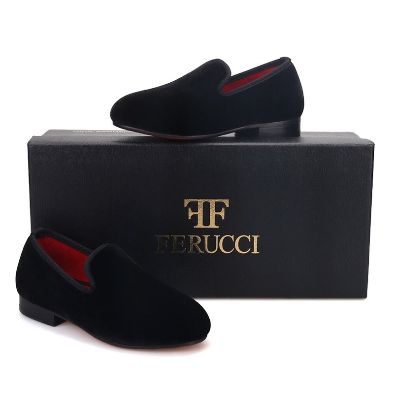 FERUCCI Kids Black Plain Velvet Loafer Wedding Gala Partys Tie Event Special