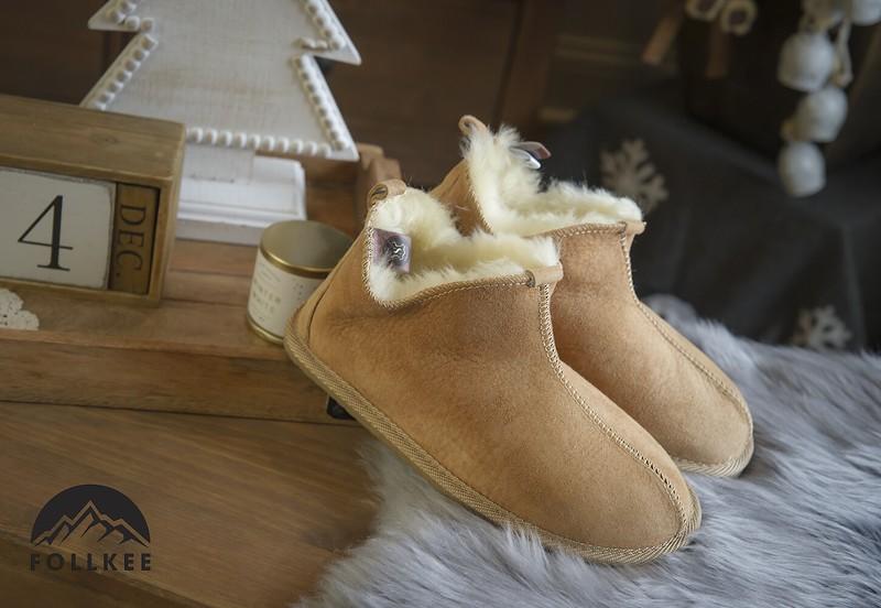 Follkee Sheepskin Slippers Wool House Shoes Women Slippers Men Slippers