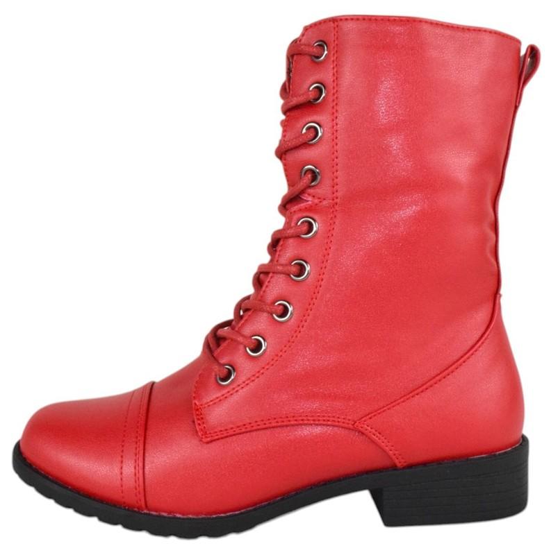 Forever Women Combat Army Boots Lace Up Side Zipper Booties JALEN-88 Hot Red