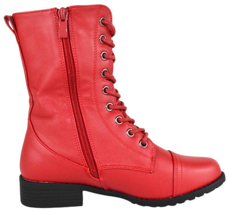 Forever Women Combat Army Boots Lace Up Side Zipper Booties JALEN-88 Hot Red