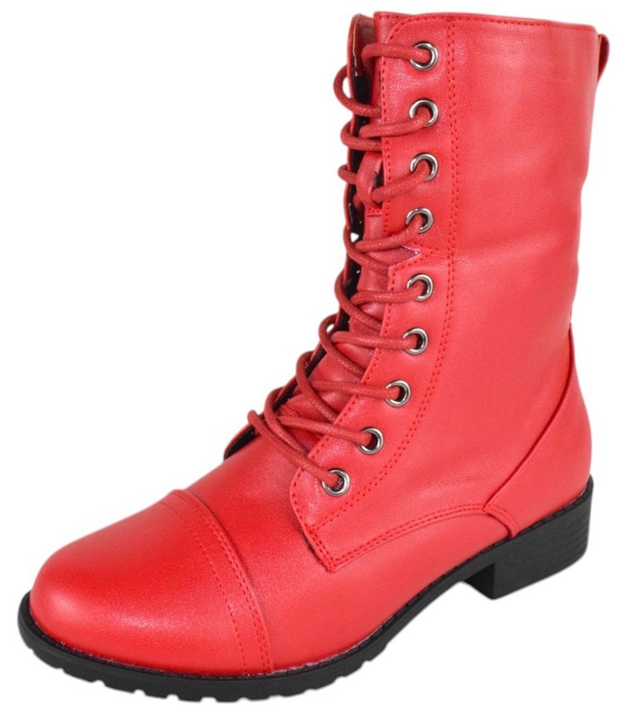 Forever Women Combat Army Boots Lace Up Side Zipper Booties JALEN-88 Hot Red