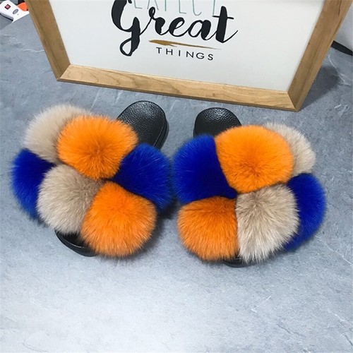 Fur Slippers For Women Fluffy Real Fox Fur Slides Furry Raccoon Fur Sandals