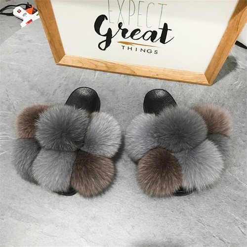 Fur Slippers For Women Fluffy Real Fox Fur Slides Furry Raccoon Fur Sandals