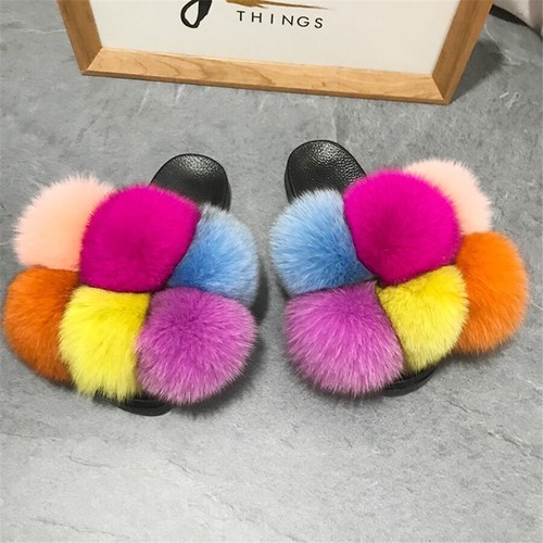 Fur Slippers For Women Fluffy Real Fox Fur Slides Furry Raccoon Fur Sandals