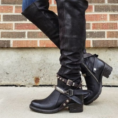 Genuine Leather Boots Knee High Buckle Round Toe Shoes Rivets Low Square Heels