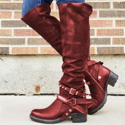 Genuine Leather Boots Knee High Buckle Round Toe Shoes Rivets Low Square Heels