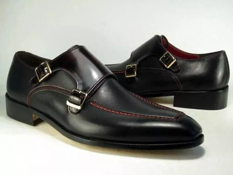 Genuine Men Handmade Leather Black Double Mock Strap Formal Dress Shoes For Men