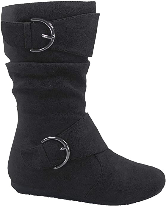 Girl's Kid's Faux Suede Two Buckle Zipper Flat Heel Mid Calf Slouchy Boot