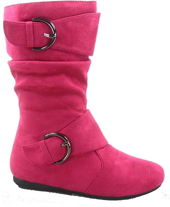 Girl's Kid's Faux Suede Two Buckle Zipper Flat Heel Mid Calf Slouchy Boot