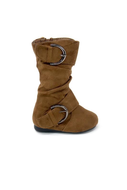 Girl's Kid's Faux Suede Two Buckle Zipper Flat Heel Mid Calf Slouchy Boot