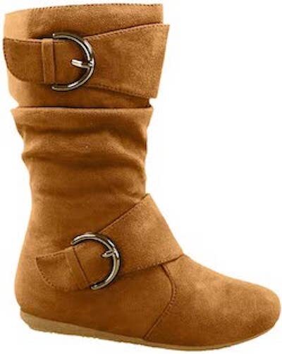 Girl's Kid's Faux Suede Two Buckle Zipper Flat Heel Mid Calf Slouchy Boot