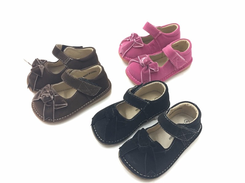 Girl's Squeaky Shoes Mary Jane Suede with Bow SALE 1102 Black Brown Hot Pink