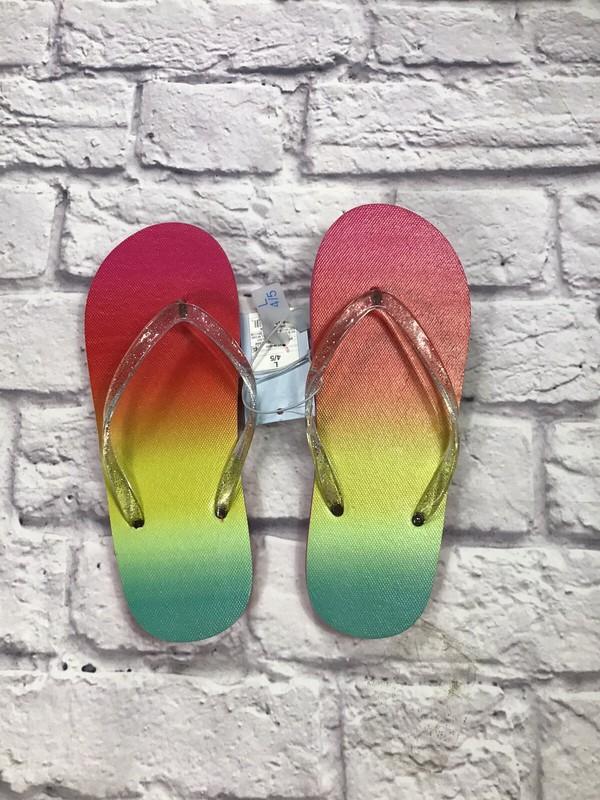 Girls Cat & Jack Girls Size Large 4/5 Flip Flops Pink Yellow Green Glitter Strap