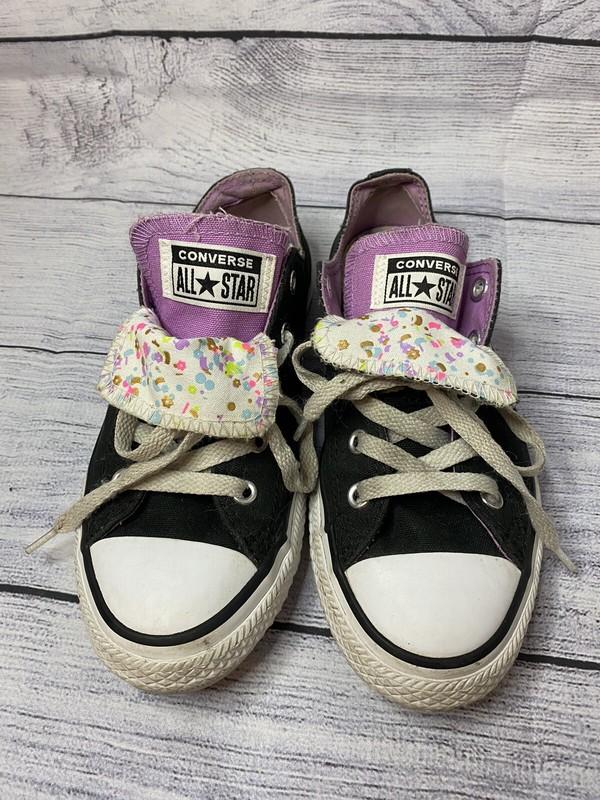 Girls Converse Flip Tongue Size 2. Black White Purple Gold