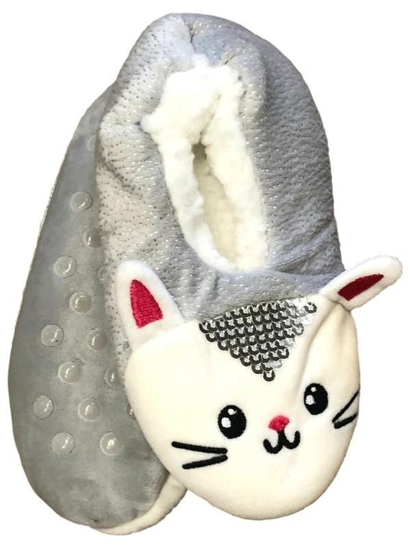 Girls Gray Sherpa Sequin Kitty Cat Ballet Slippers House Shoes S/M (8-13)