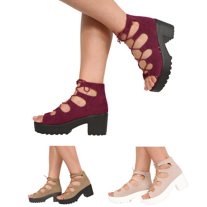 GIRLS KIDS BLOCK HEEL CHUNKY PLATFORM LACE UP ANKLE SANDALS SHOES SIZE