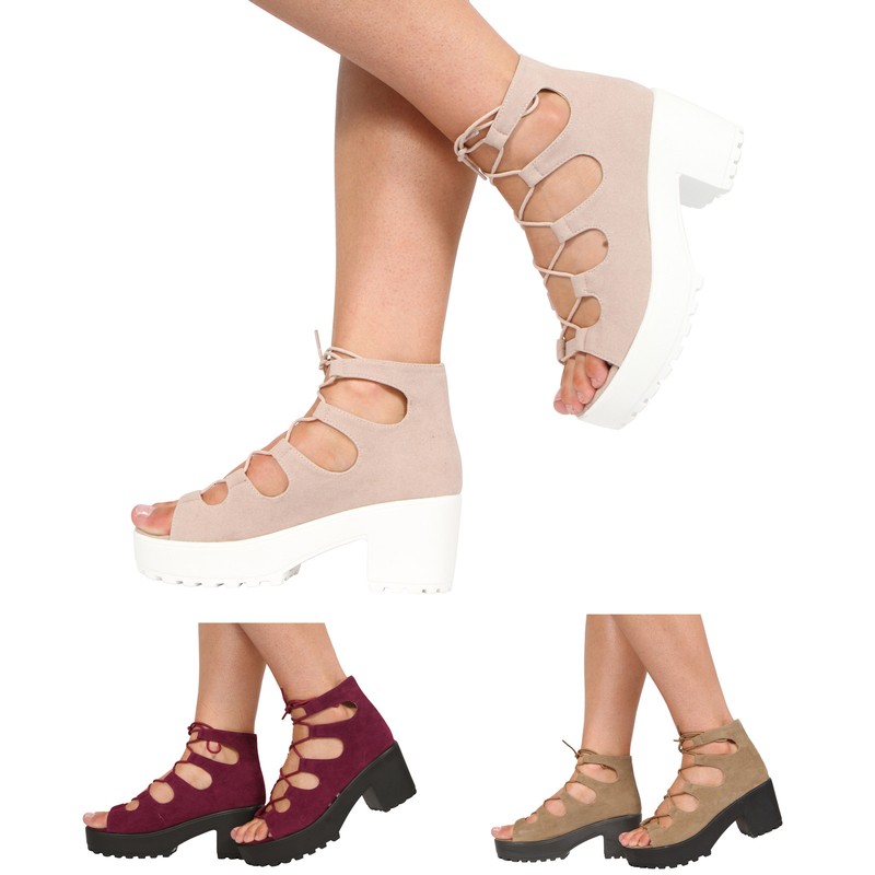 GIRLS KIDS BLOCK HEEL CHUNKY PLATFORM LACE UP ANKLE SANDALS SHOES SIZE